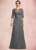 Julia Sheath/Column Scoop Illusion Floor-Length Chiffon Lace Mother of the Bride Dress With Pleated Sequins STKP0021757