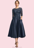 Emery A-line Scoop Illusion Tea-Length Lace Satin Mother of the Bride Dress With Sequins STKP0021762