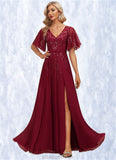 Faith A-line V-Neck Floor-Length Chiffon Lace Mother of the Bride Dress With Sequins STKP0021767