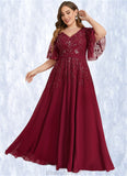 Faith A-line V-Neck Floor-Length Chiffon Lace Mother of the Bride Dress With Sequins STKP0021767