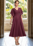 Abigail A-line V-Neck Tea-Length Chiffon Mother of the Bride Dress With Beading Pleated STKP0021774