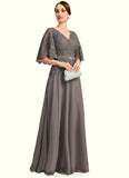 Kaitlyn A-line V-Neck Floor-Length Chiffon Lace Mother of the Bride Dress With Rhinestone Crystal Brooch STKP0021782
