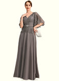Kaitlyn A-line V-Neck Floor-Length Chiffon Lace Mother of the Bride Dress With Rhinestone Crystal Brooch STKP0021782