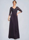 Alexia A-line V-Neck Floor-Length Chiffon Lace Mother of the Bride Dress With Cascading Ruffles Sequins STKP0021796