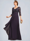 Alexia A-line V-Neck Floor-Length Chiffon Lace Mother of the Bride Dress With Cascading Ruffles Sequins STKP0021796