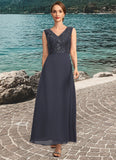 Addisyn A-line V-Neck Ankle-Length Chiffon Lace Sequin Mother of the Bride Dress STKP0021798
