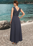 Addisyn A-line V-Neck Ankle-Length Chiffon Lace Sequin Mother of the Bride Dress STKP0021798