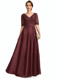 Deborah A-line V-Neck Floor-Length Lace Satin Mother of the Bride Dress With Sequins STKP0021803