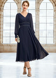 Willow A-line V-Neck Tea-Length Chiffon Mother of the Bride Dress With Beading Pleated STKP0021804