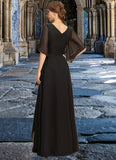 Esmeralda A-line V-Neck Floor-Length Chiffon Mother of the Bride Dress With Beading Cascading Ruffles Sequins STKP0021836
