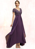 Sofia A-line V-Neck Asymmetrical Chiffon Lace Mother of the Bride Dress With Cascading Ruffles STKP0021899