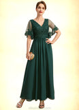 Martha A-line V-Neck Ankle-Length Chiffon Lace Mother of the Bride Dress With Sequins STKP0021914