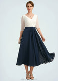 Harley A-line V-Neck Tea-Length Chiffon Mother of the Bride Dress With Beading Pleated STKP0021923