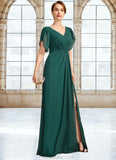 Tamia Sheath/Column V-Neck Floor-Length Chiffon Mother of the Bride Dress With Beading Pleated STKP0021949