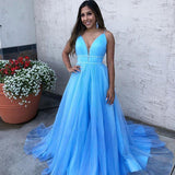 A Line Sky Blue Spaghetti Straps V Neck Tulle Prom Dresses, Cheap Evening Dresses STK15554