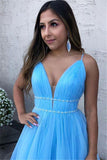 A Line Sky Blue Spaghetti Straps V Neck Tulle Prom Dresses, Cheap Evening Dresses STK15554