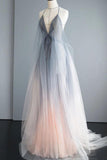 Simple Deep V Neck Ombre Tulle Halter Sleeveless Prom Dresses Backless Formal Dresses STK15391