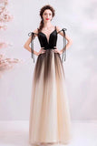 Spaghetti Straps Black Deep V Neck Formal Dress, Floor Length Tulle Ombre Prom Dresses STK15409