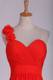 2024 One Shoulder A Line Bridesmaid Dresses With Handmade Flowers & Ruffles PGRPZXTC