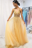 A Line Floor Length Tulle Prom Dress With Sequins Cheap V Neck Long Formal STKP1NJG7JC