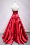 A Line Sweetheart Red Satin Lace Up Long Prom Dresses with Bowknot, Cheap Formal Dresses STK15035