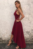 Unique A Line Burgundy High Low Sleeveless Backless Prom Dresses, Cheap Evening Dresses STK15450