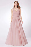Simple A Line Pink V Neck Tulle Sleeveless Prom Dresses Long Bridesmaid Dresses STK15383