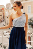 Flowy One Shoulder Navy Blue Tulle Long Prom Dresses, Cheap Formal Dresses STK15232