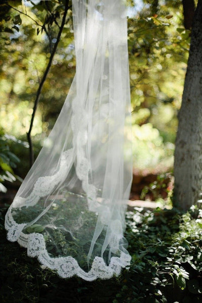 Alencon Lace Edge Cathedral Tulle Ivory Wedding Veil, Simple Long