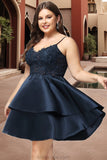 Nova A-line V-Neck Short/Mini Lace Satin Homecoming Dress STKP0020504