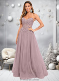 Moira Ball-Gown/Princess V-Neck Floor-Length Tulle Prom Dresses With Sequins Appliques Lace STKP0025837