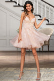 Savannah A-line V-Neck Short/Mini Lace Tulle Homecoming Dress With Sequins STKP0020500