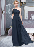 Nyasia A-line One Shoulder Floor-Length Chiffon Bridesmaid Dress With Ruffle STKP0013091