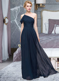 Nyasia A-line One Shoulder Floor-Length Chiffon Bridesmaid Dress With Ruffle STKP0013091