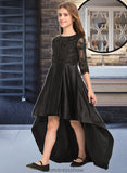 Kayley A-Line Scoop Neck Asymmetrical Satin Lace Junior Bridesmaid Dress With Ruffle STKP0013511