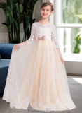 Abbey Ball-Gown/Princess Scoop Neck Floor-Length Tulle Lace Junior Bridesmaid Dress With Sash Beading Bow(s) STKP0013589