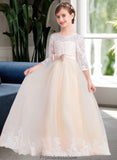 Abbey Ball-Gown/Princess Scoop Neck Floor-Length Tulle Lace Junior Bridesmaid Dress With Sash Beading Bow(s) STKP0013589