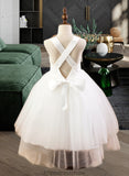 Yadira Ball-Gown/Princess Sweetheart Tea-Length Satin Tulle Lace Junior Bridesmaid Dress With Bow(s) STKP0013597