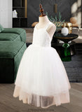 Yadira Ball-Gown/Princess Sweetheart Tea-Length Satin Tulle Lace Junior Bridesmaid Dress With Bow(s) STKP0013597