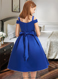 Clara A-Line Off-the-Shoulder Knee-Length Satin Junior Bridesmaid Dress With Beading Bow(s) STKP0013605