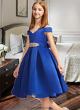 Clara A-Line Off-the-Shoulder Knee-Length Satin Junior Bridesmaid Dress With Beading Bow(s) STKP0013605