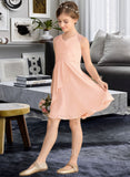 Matilda A-Line V-neck Knee-Length Chiffon Lace Junior Bridesmaid Dress With Cascading Ruffles STKP0013630