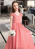 Lina A-Line V-neck Floor-Length Chiffon Lace Junior Bridesmaid Dress STKP0013634