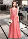 Lina A-Line V-neck Floor-Length Chiffon Lace Junior Bridesmaid Dress STKP0013634