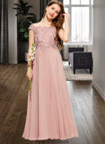 Lesley A-Line Off-the-Shoulder Floor-Length Chiffon Lace Junior Bridesmaid Dress STKP0013640