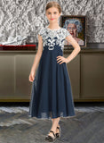 Mildred A-Line Scoop Neck Tea-Length Chiffon Lace Junior Bridesmaid Dress STKP0013643