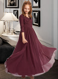 Sasha A-Line V-neck Floor-Length Chiffon Lace Junior Bridesmaid Dress STKP0013652