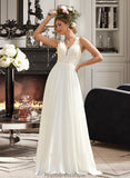 Lauryn A-Line V-neck Sweep Train Chiffon Lace Wedding Dress With Lace STKP0013677