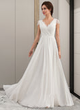 Ximena A-Line V-neck Floor-Length Chiffon Lace Wedding Dress With Ruffle STKP0013729