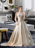 Kyla Ball-Gown/Princess Sweetheart Court Train Satin Wedding Dress With Ruffle Beading Appliques Lace Cascading Ruffles STKP0013757